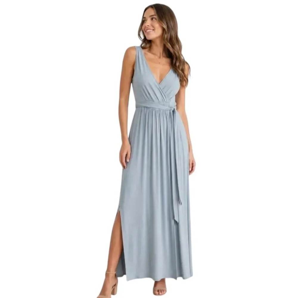 Lulus Dusty Mint Boho Sleeveless Maxi Dress Tie Waist 44552 Large NWT